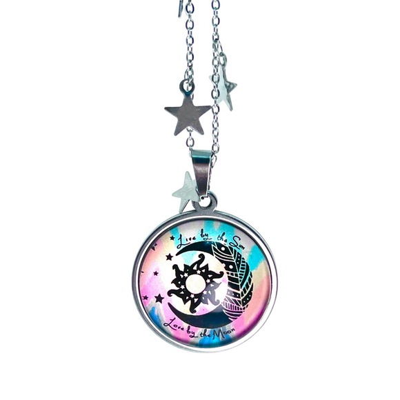 Tie-Dye Moon Fancy Celestial Chain Necklace, Rainbow Handmade Hippie Pendant - Picture 4 of 8